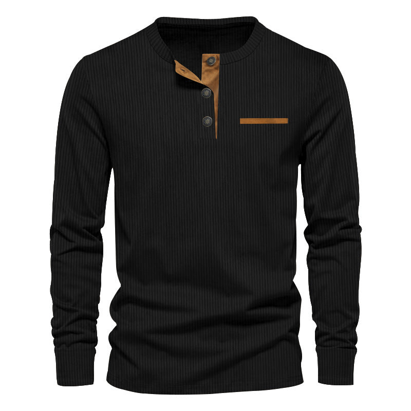 Men's Independent Stand Corduroy Casual Henley Slim Solid Color Long Sleeve T-shirt