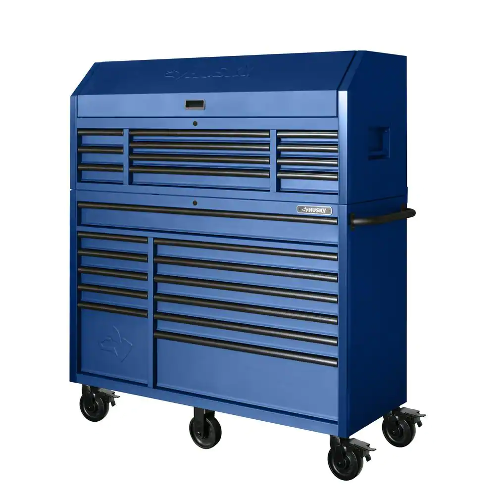 56 In. W X 22 In. D Heavy Duty 23-Drawer Combination Rolling Tool Chest and Top Tool Cabinet Set in Matte Blue