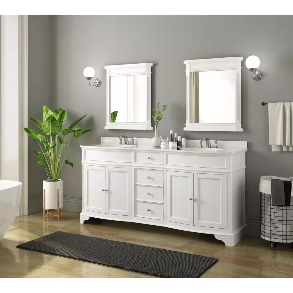 Terryn 72 In. W X 20 In. D X 35 In. H Vanity in White with Engineered White Marble Top and White Sinks