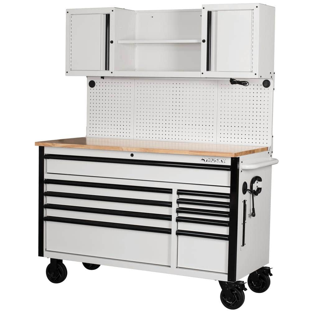 56 In. W X 27.6 In. D Heavy Duty 10-Drawer Gloss White Mobile Workbench with Pegboard and Top Cabinets