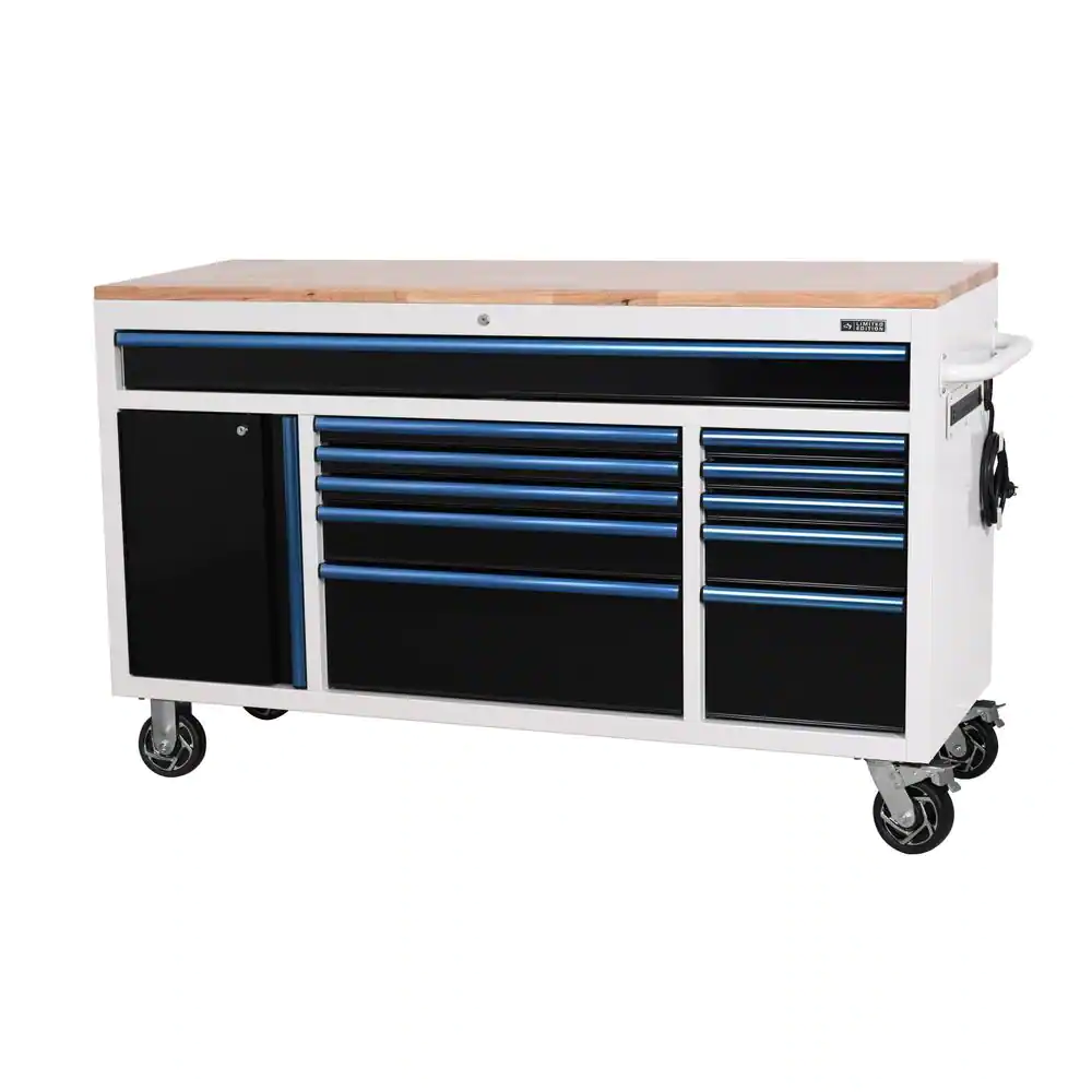 Limited Edition 61 In. W X 23 In. D 11-Drawer White Mobile Workbench Cabinet with Solid Wood Top