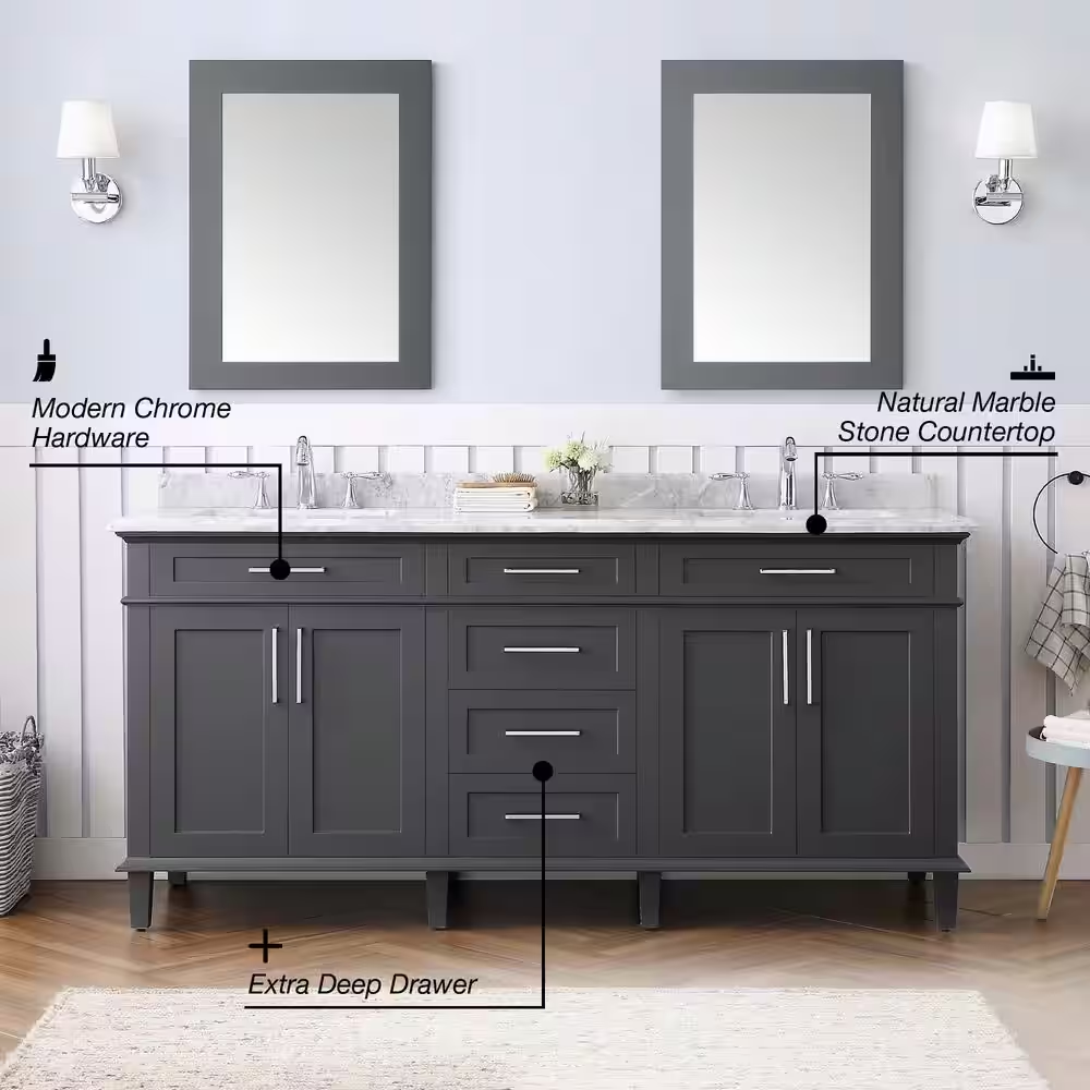 Sonoma 72 In. W X 22.1 In. D X 34.3 In. H Freestanding Bath Vanity in Dark Charcoal with Carrara Marble Marble Top